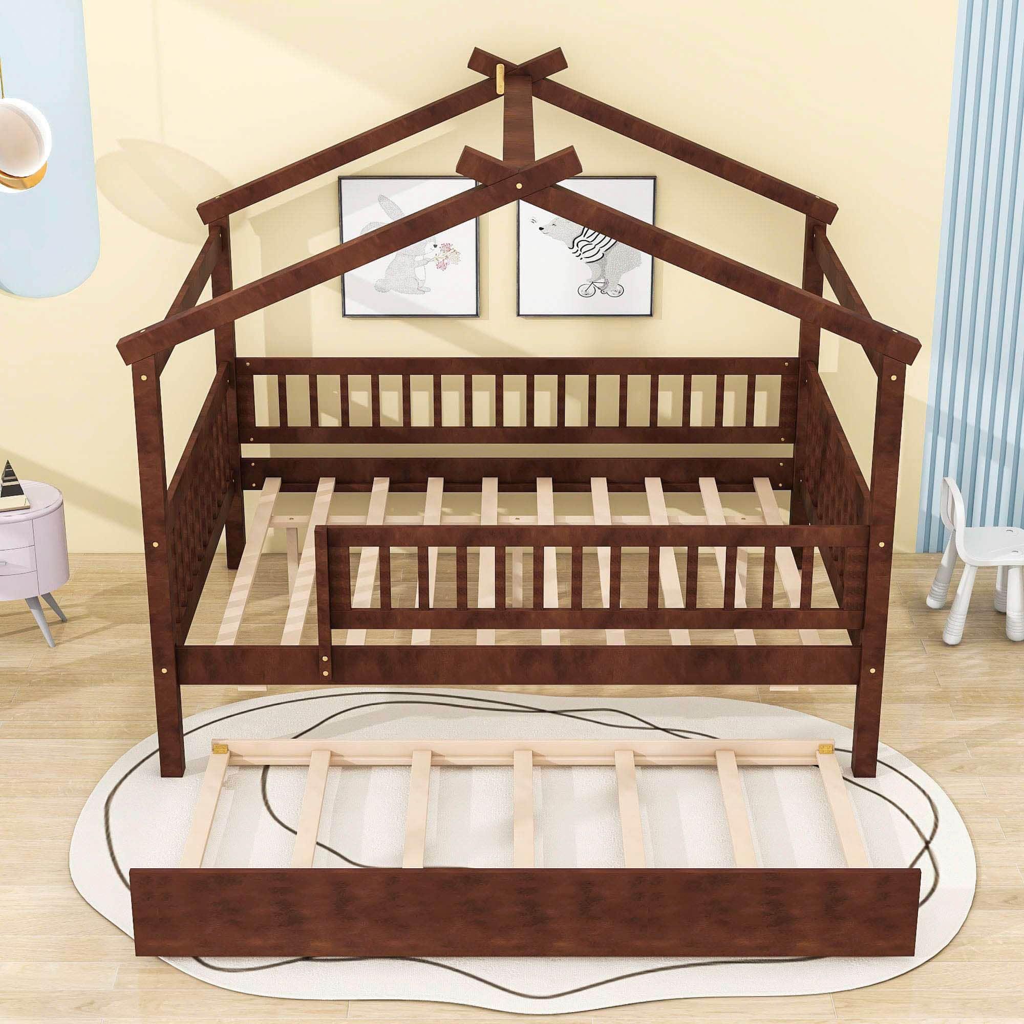 Wooden Full Size House Bed Frame with Twin Trundle for Kids, Toddler