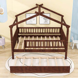 Wooden Full Size House Bed Frame with Twin Trundle for Kids, Toddler