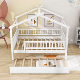 Wooden Full Size House Bed Frame with Twin Trundle for Kids, Toddler