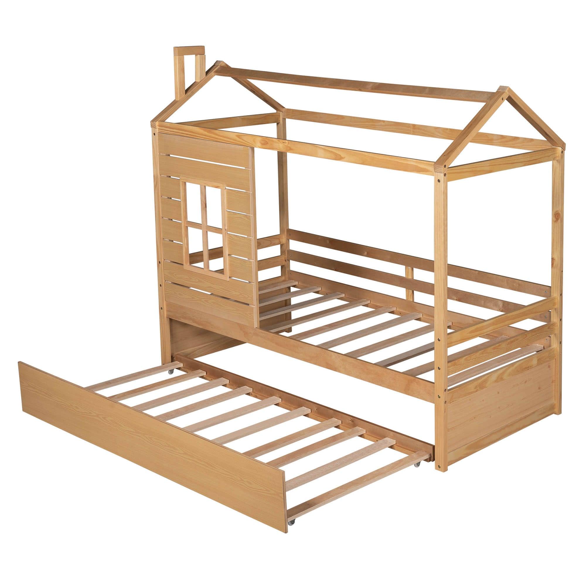 Kids Twin House Bed with Twin Trundle Bed and Rails