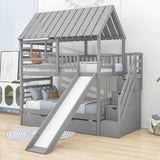 House Twin Over Twin Bunk Beds with Slide and Trundle for Kids