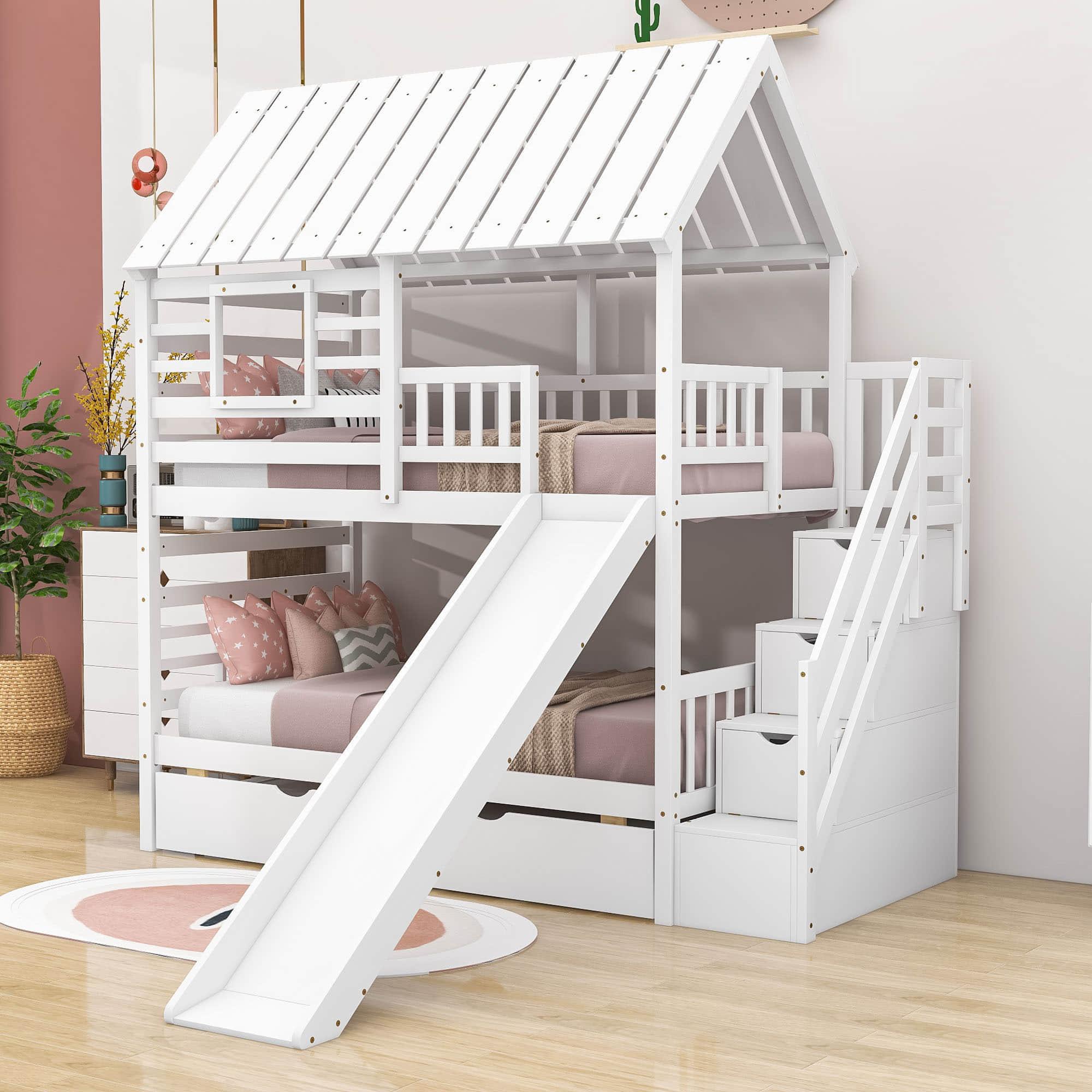 House Twin Over Twin Bunk Beds with Slide and Trundle for Kids