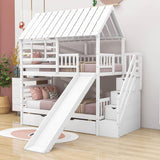 House Twin Over Twin Bunk Beds with Slide and Trundle for Kids