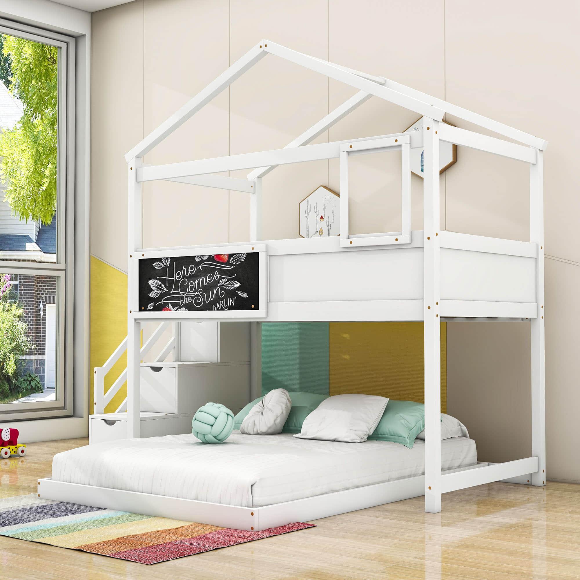 Low Twin Over Full House L-Shaped Bunk Beds for Toddler, Kids - [Floor]