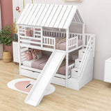 House Twin Over Twin Bunk Beds with Slide and Trundle for Kids