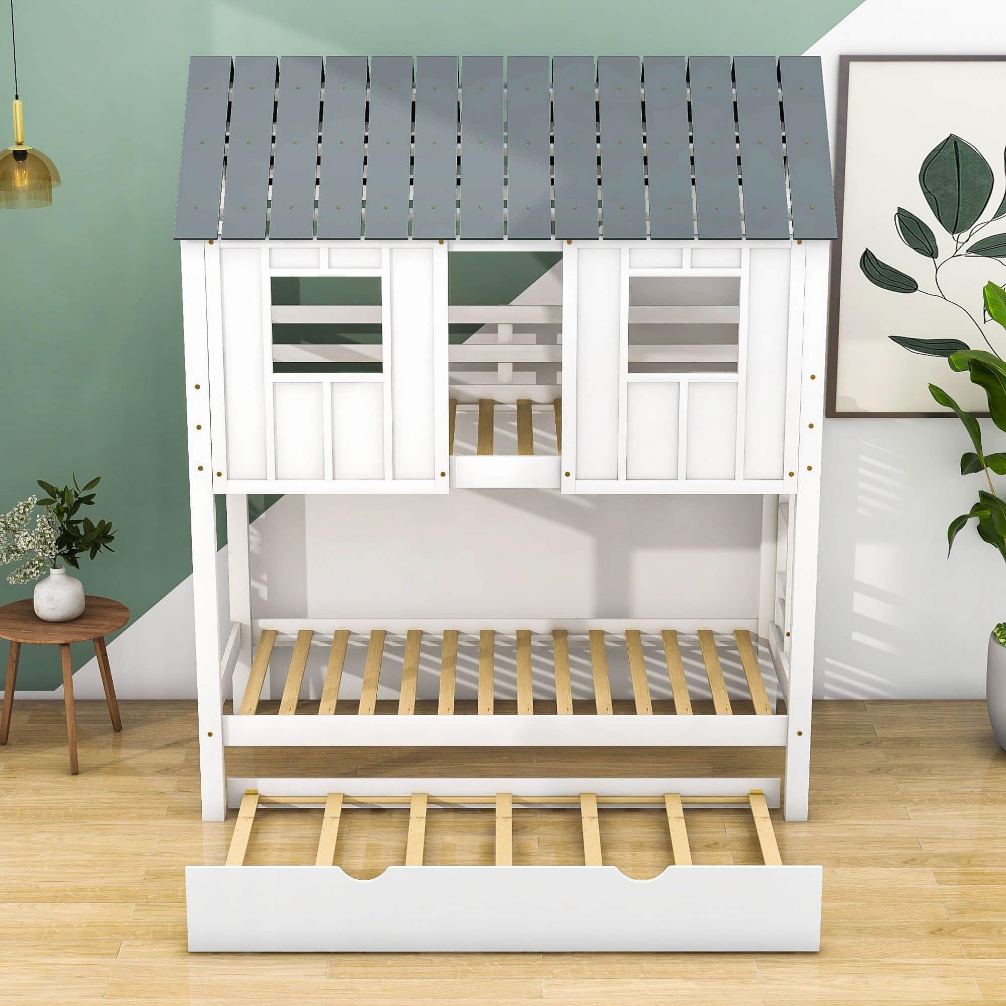 Modern Twin Over Twin House Bunk Beds with Trundle for Kids - [Wooden]