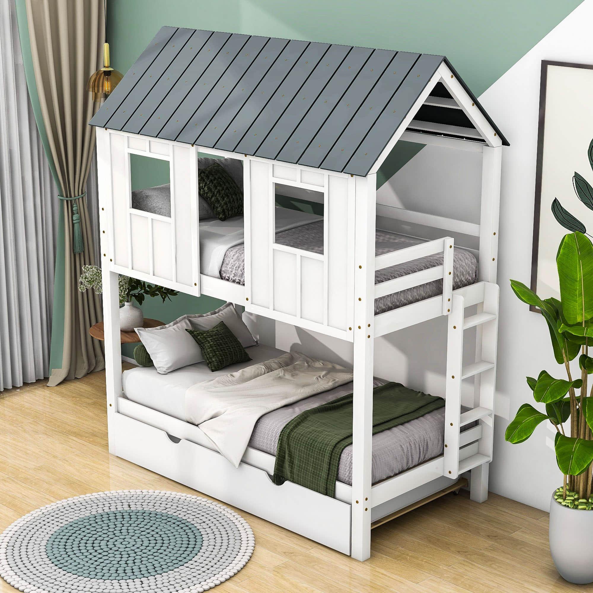 Modern Twin Over Twin House Bunk Beds with Trundle for Kids - [Wooden]