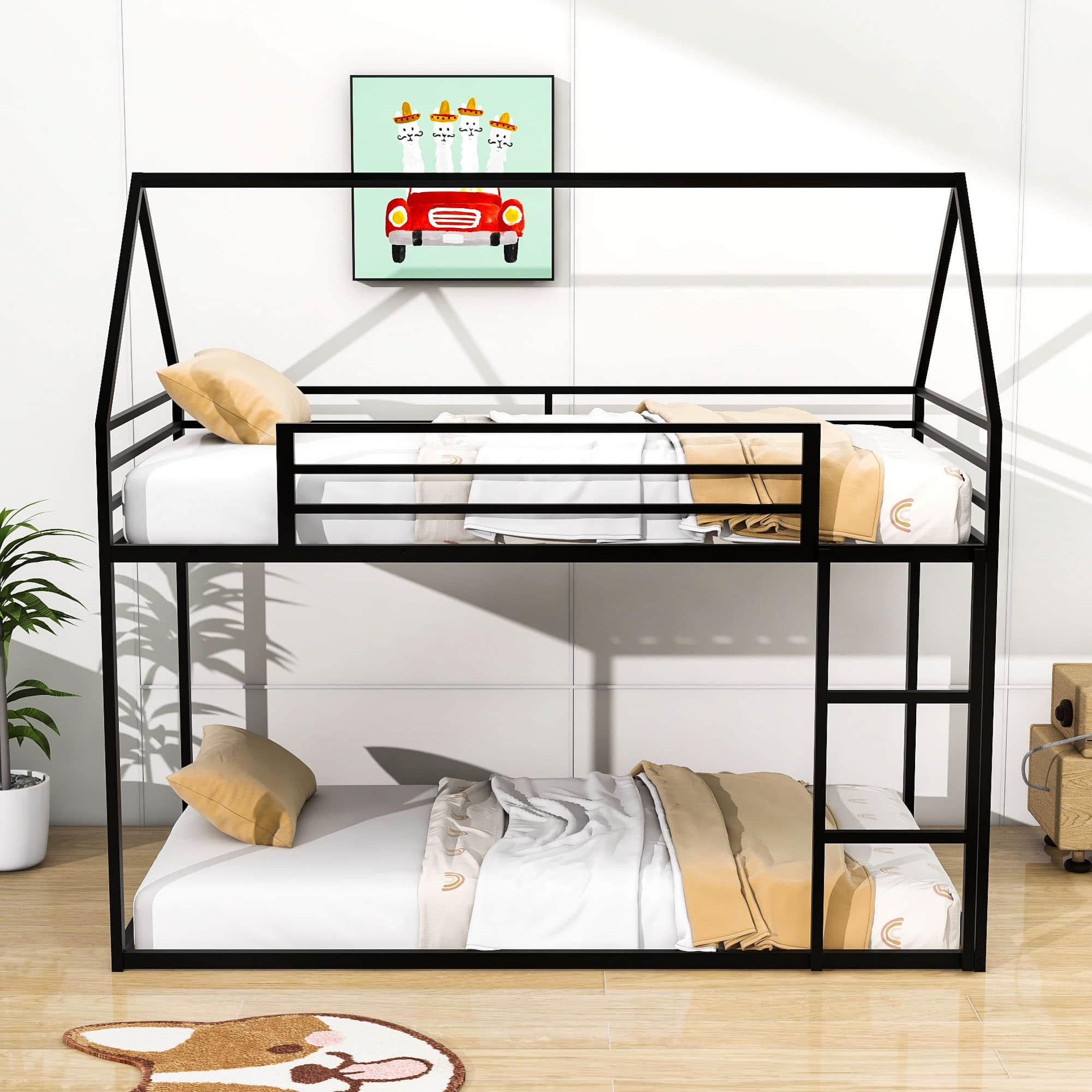 Metal Low Twin Over Twin House Loft Bunk Beds with for Kids, Toddler