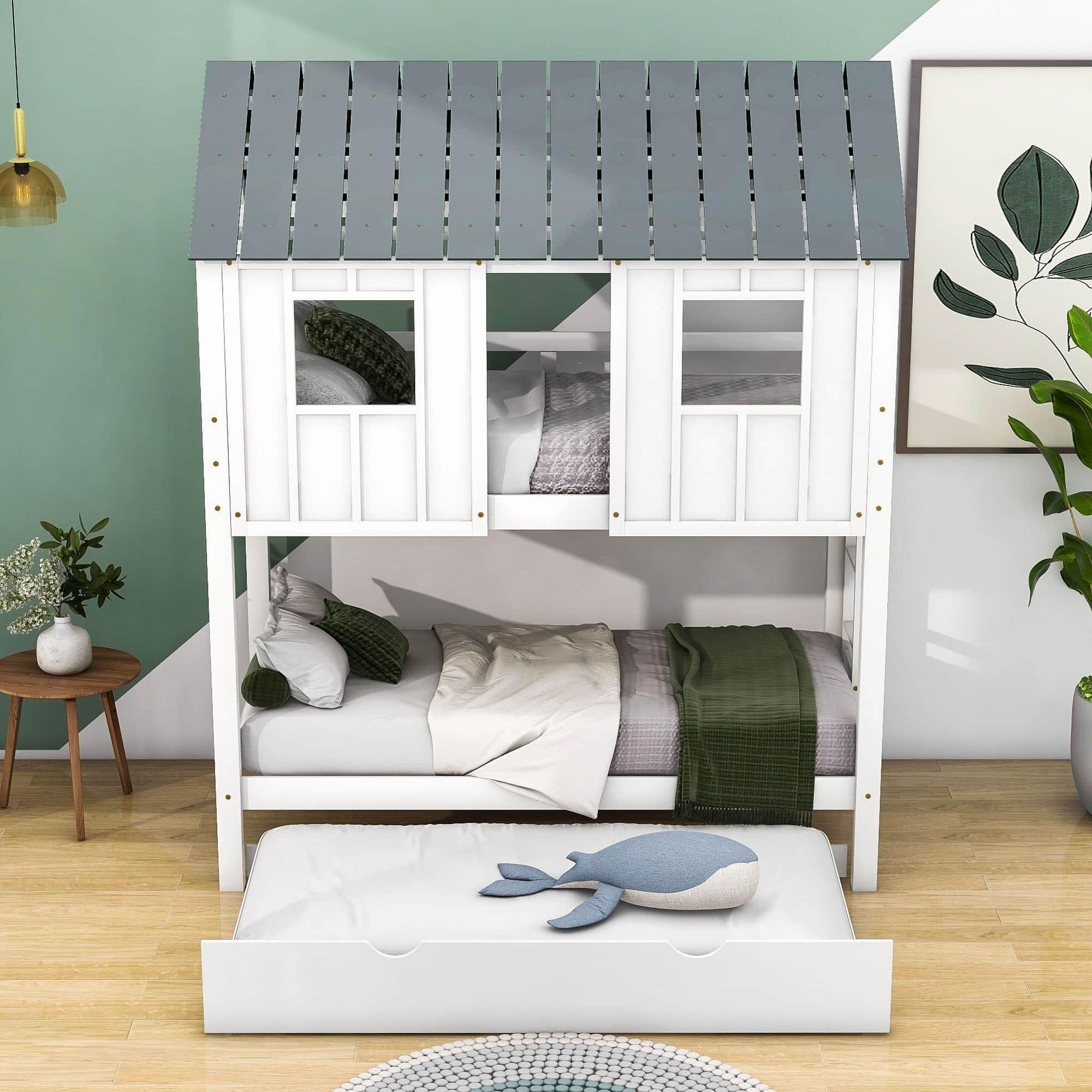 Modern Twin Over Twin House Bunk Beds with Trundle for Kids - [Wooden]