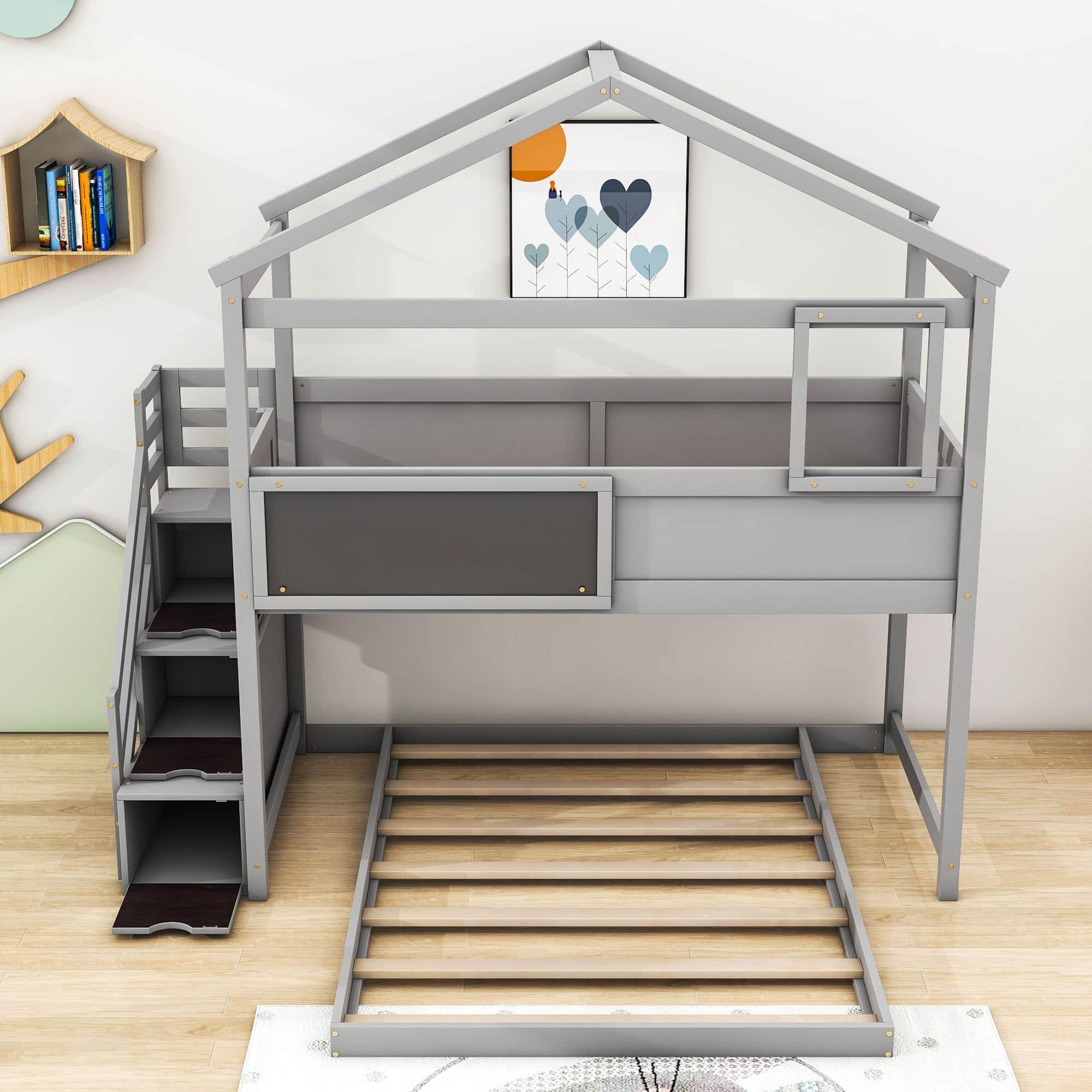 Low Twin Over Full House L-Shaped Bunk Beds for Toddler, Kids - [Floor]