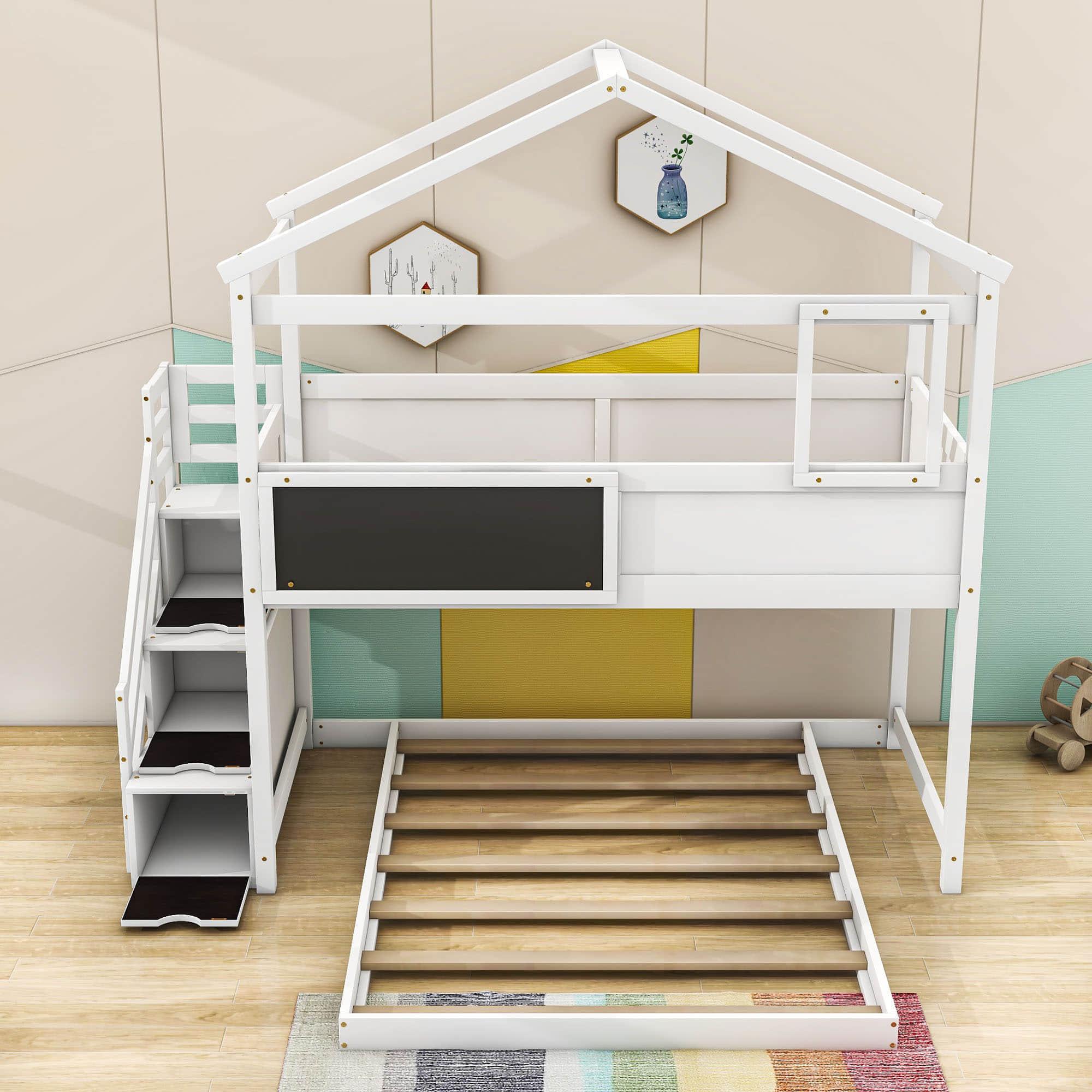 Low Twin Over Full House L-Shaped Bunk Beds for Toddler, Kids - [Floor]