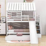 House Twin Over Twin Bunk Beds with Slide and Trundle for Kids