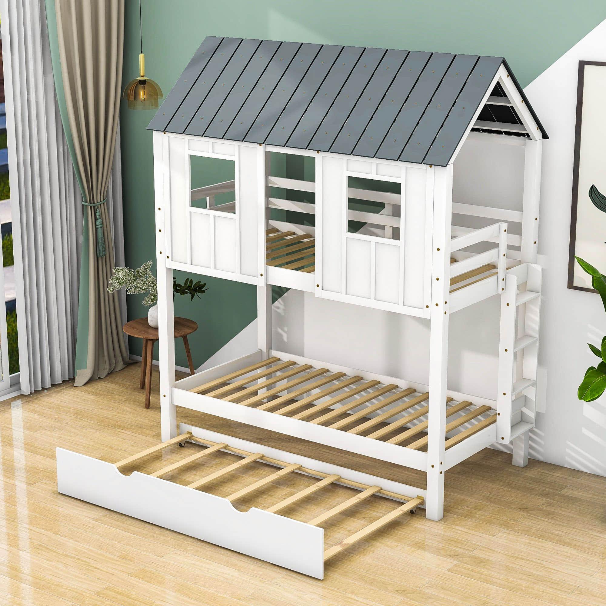 Modern Twin Over Twin House Bunk Beds with Trundle for Kids - [Wooden]