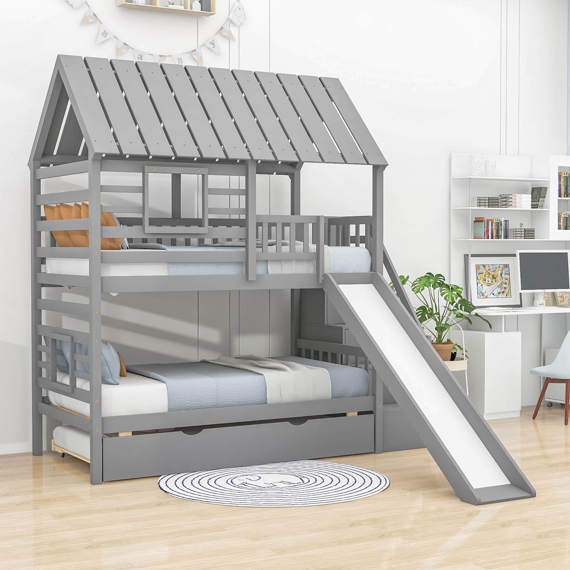 House Twin Over Twin Bunk Beds with Slide and Trundle for Kids