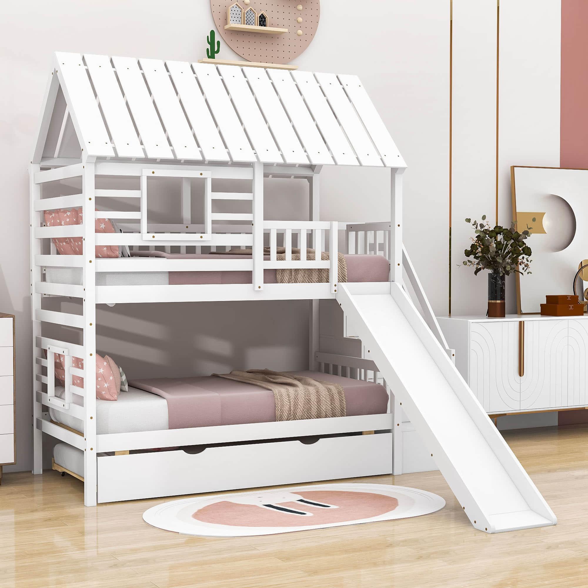 House Twin Over Twin Bunk Beds with Slide and Trundle for Kids