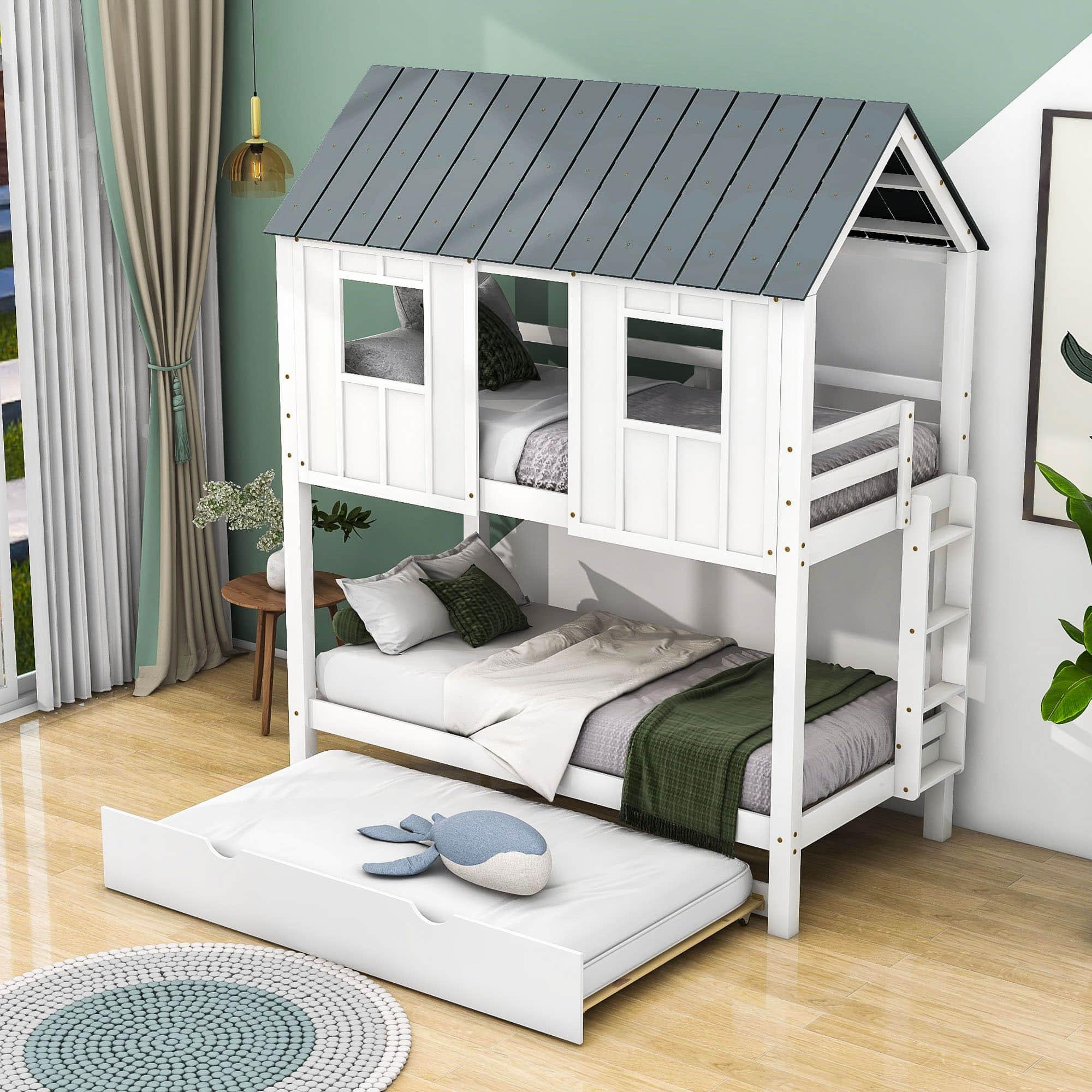 Modern Twin Over Twin House Bunk Beds with Trundle for Kids - [Wooden]