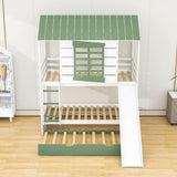 White Twin Over Twin House Bunk Beds with Slide and Trundle - [Wooden, Convertible]