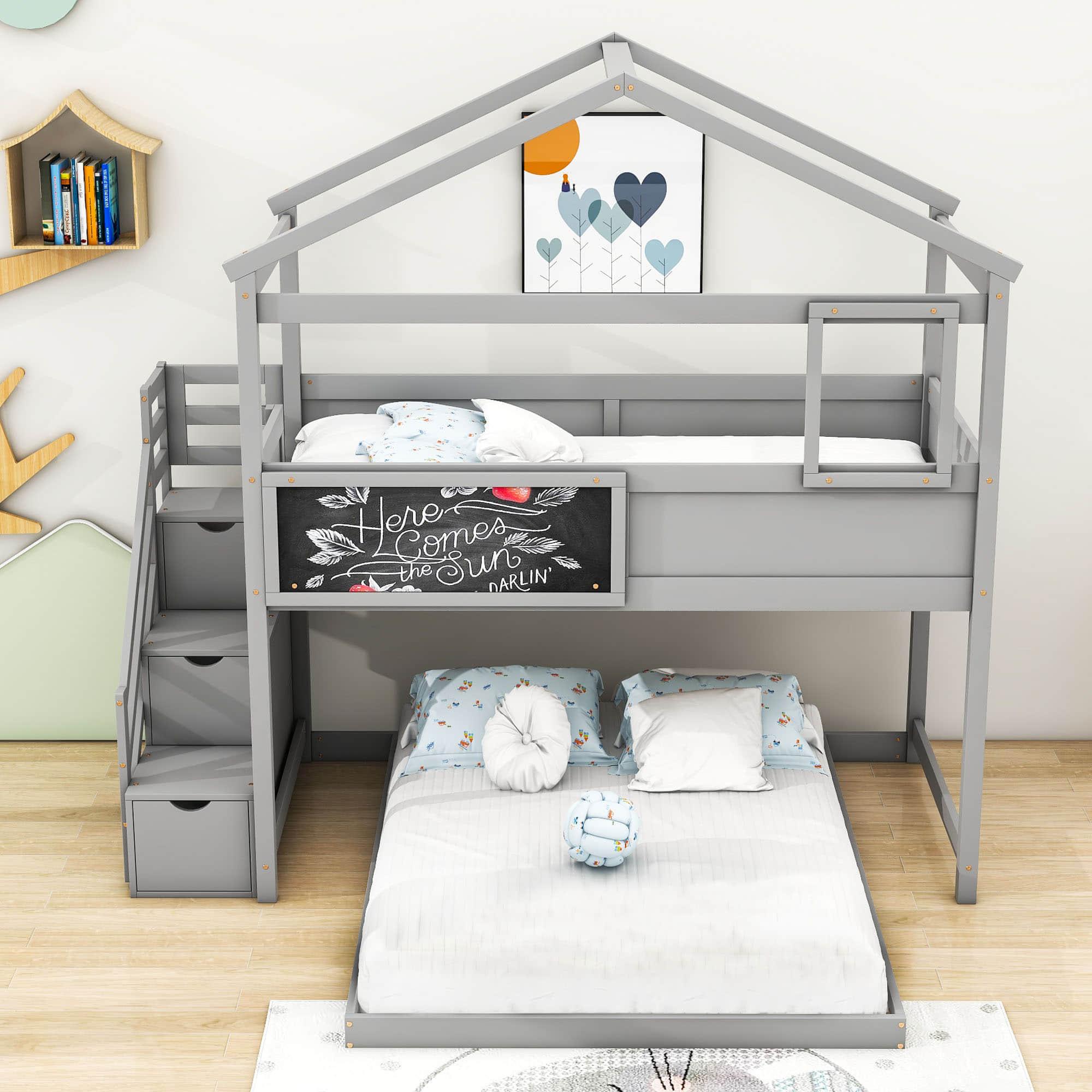 Low Twin Over Full House L-Shaped Bunk Beds for Toddler, Kids - [Floor]