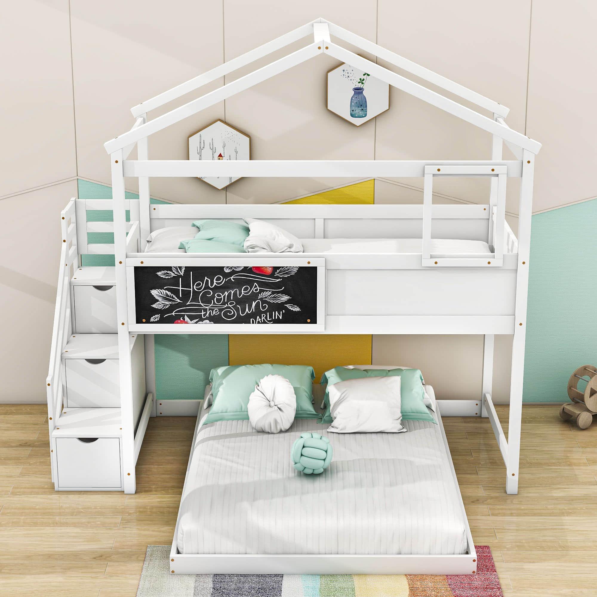 Low Twin Over Full House L-Shaped Bunk Beds for Toddler, Kids - [Floor]