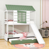 White Twin Over Twin House Bunk Beds with Slide and Trundle - [Wooden, Convertible]