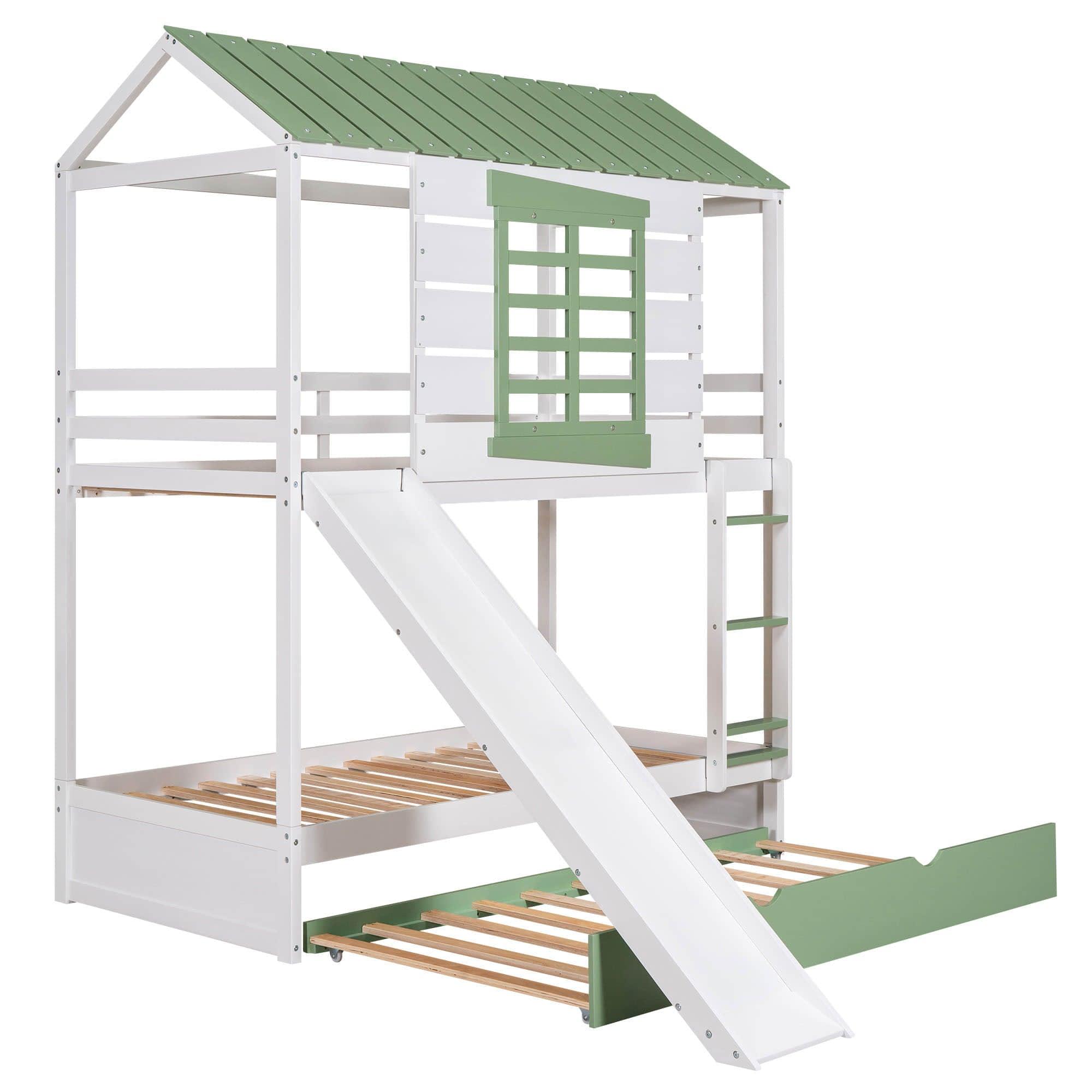 White Twin Over Twin House Bunk Beds with Slide and Trundle - [Wooden, Convertible]