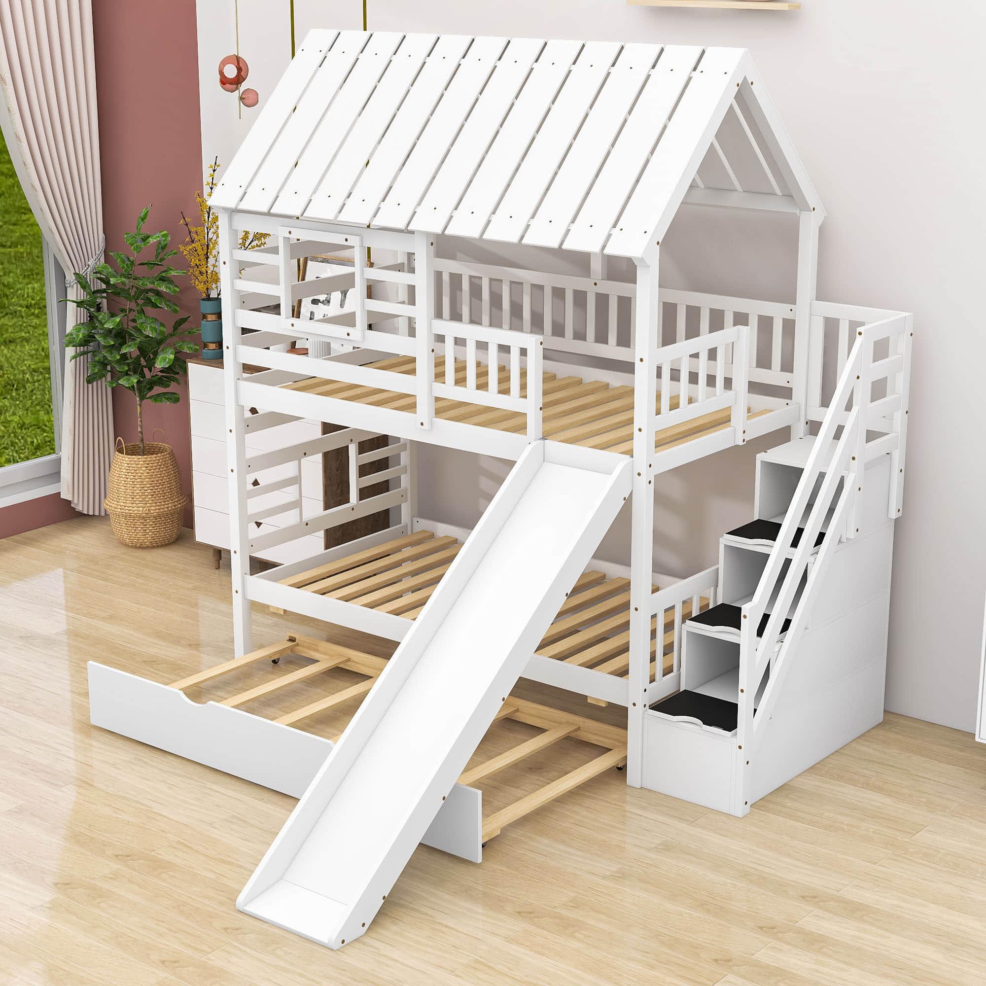 House Twin Over Twin Bunk Beds with Slide and Trundle for Kids