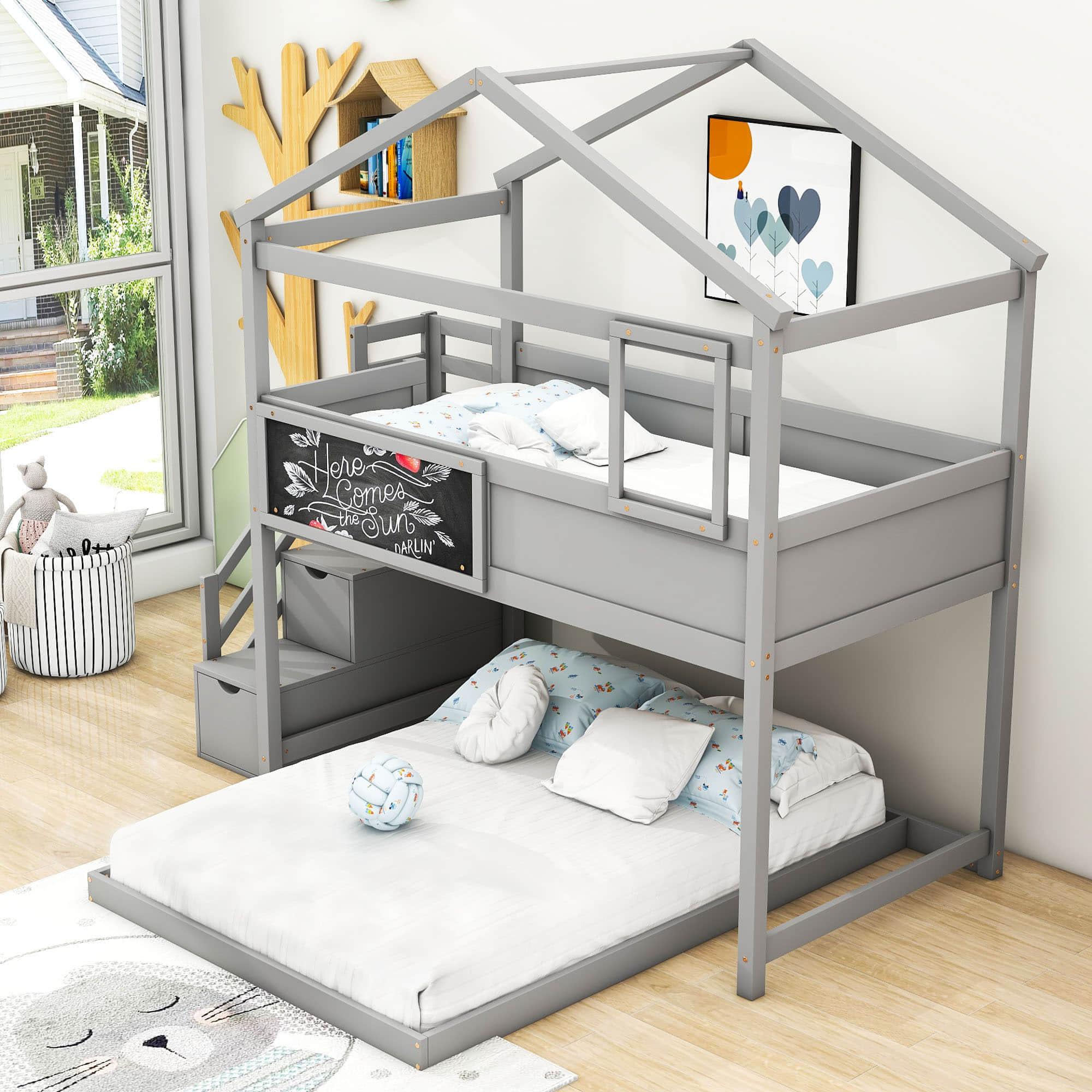 Low Twin Over Full House L-Shaped Bunk Beds for Toddler, Kids - [Floor]