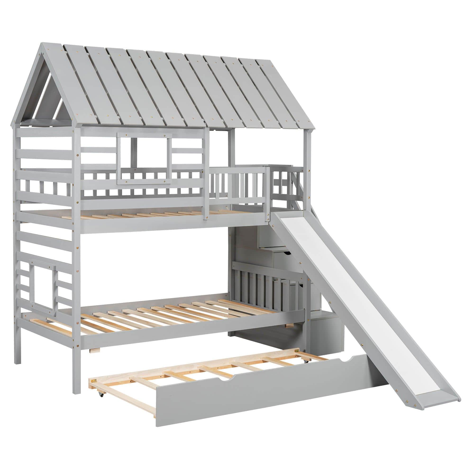 House Twin Over Twin Bunk Beds with Slide and Trundle for Kids