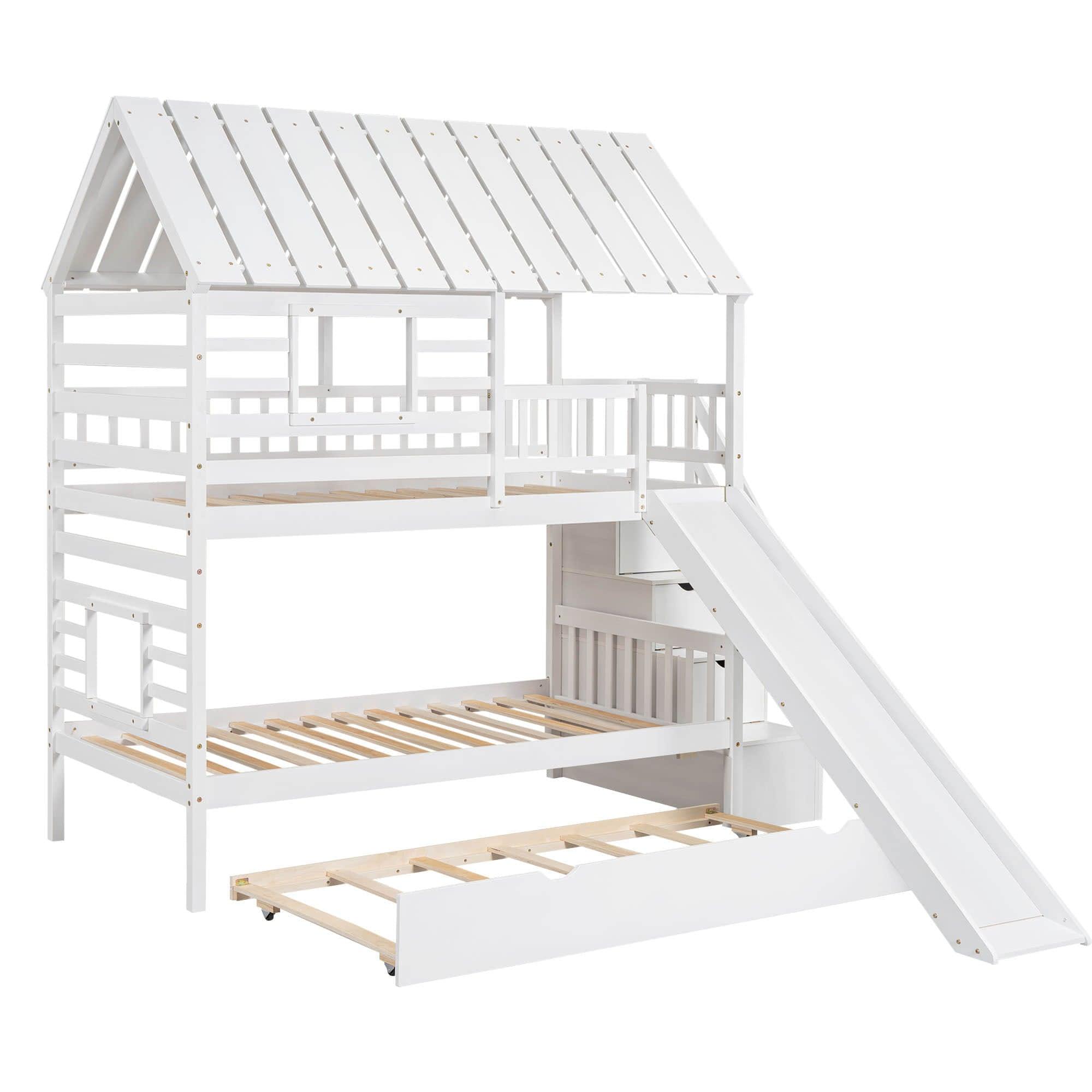 House Twin Over Twin Bunk Beds with Slide and Trundle for Kids