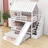 House Twin Over Twin Bunk Beds with Slide and Trundle for Kids