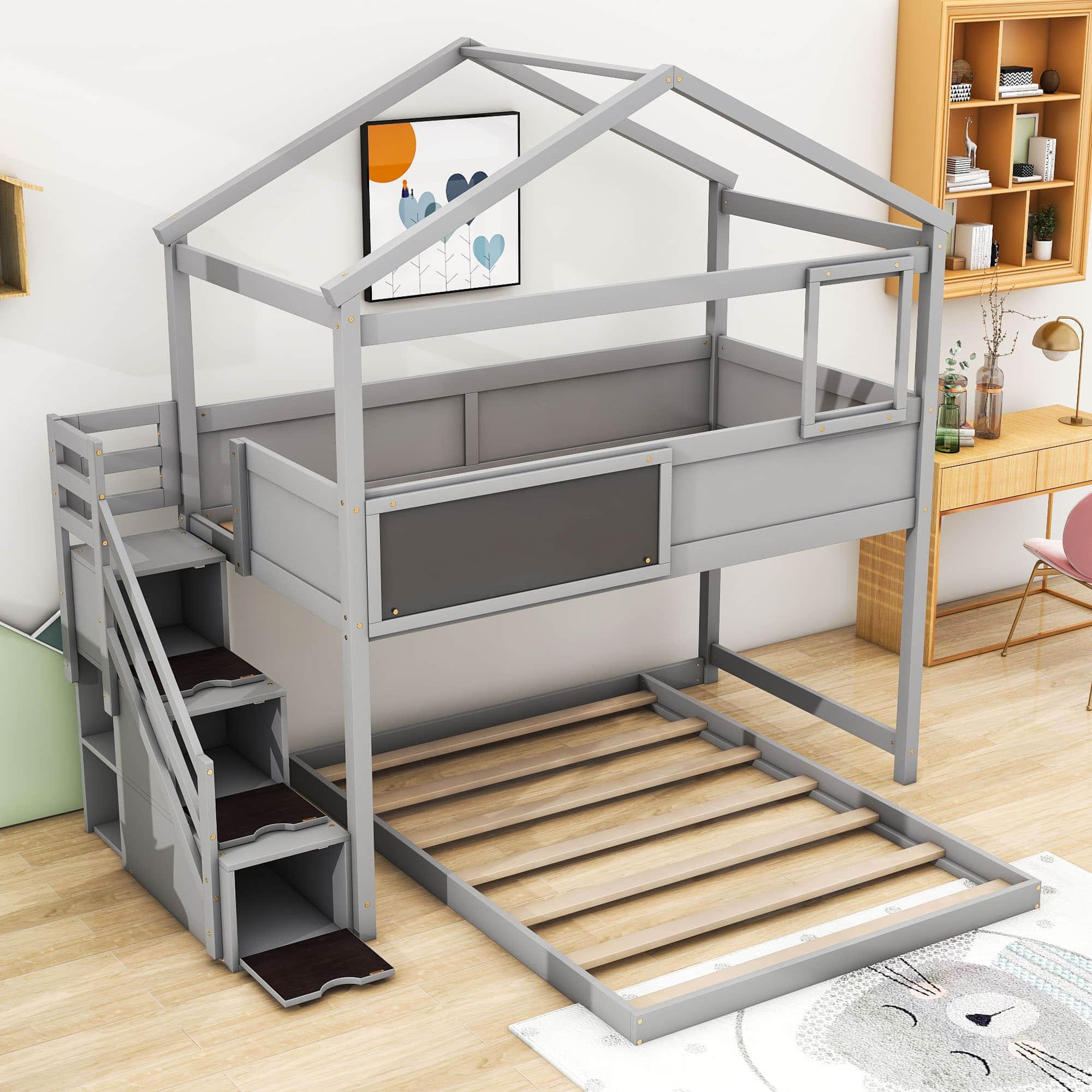 Low Twin Over Full House L-Shaped Bunk Beds for Toddler, Kids - [Floor]