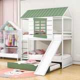 White Twin Over Twin House Bunk Beds with Slide and Trundle - [Wooden, Convertible]