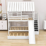 House Twin Over Twin Bunk Beds with Slide and Trundle for Kids