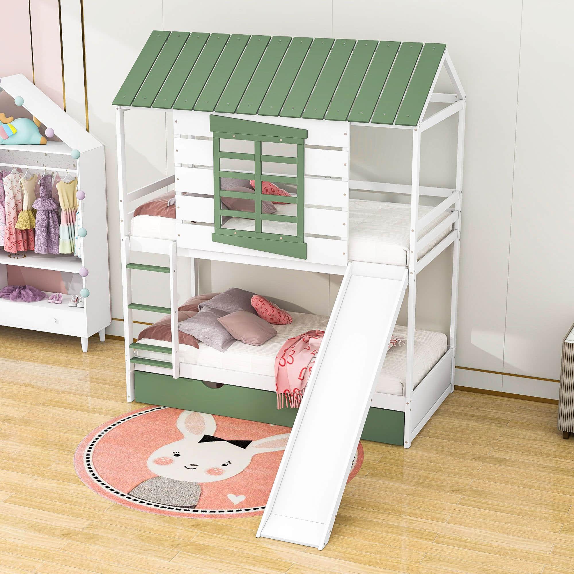 White Twin Over Twin House Bunk Beds with Slide and Trundle - [Wooden, Convertible]