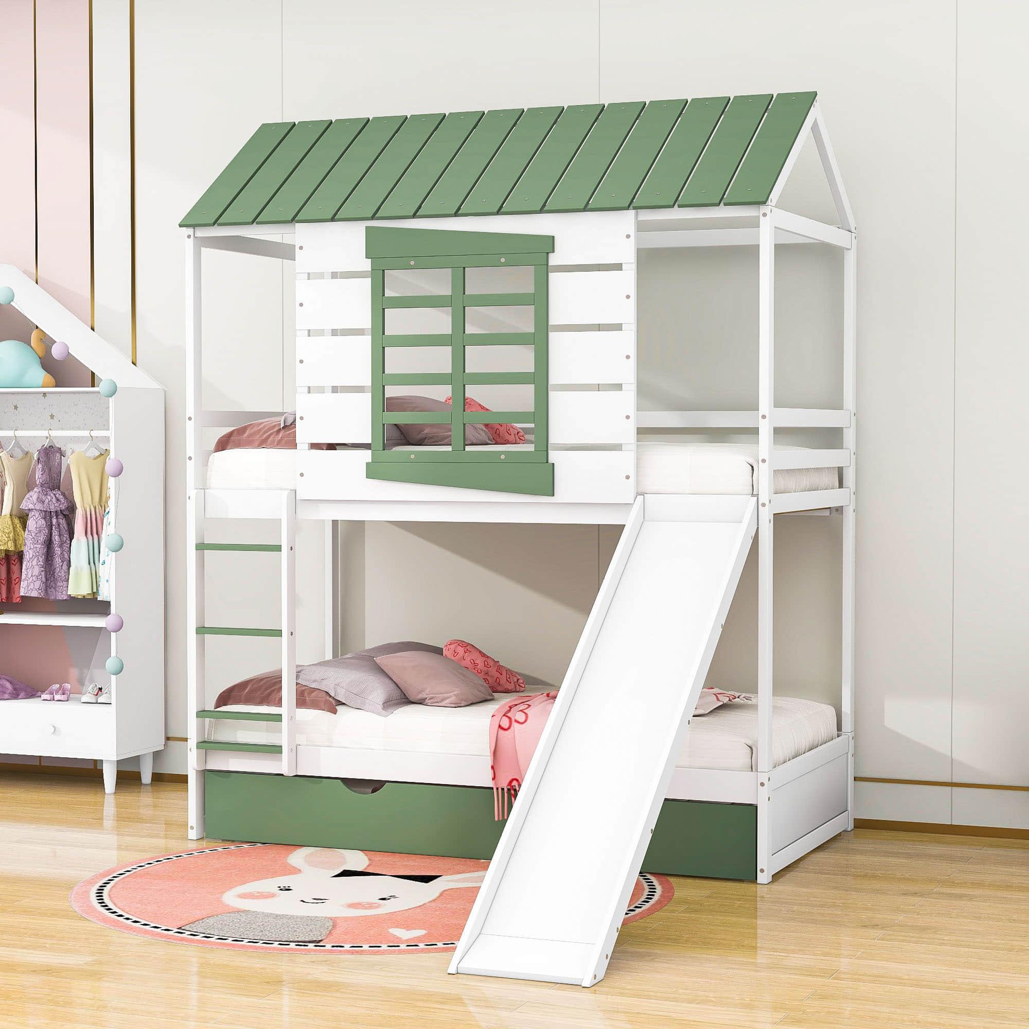 White Twin Over Twin House Bunk Beds with Slide and Trundle - [Wooden, Convertible]