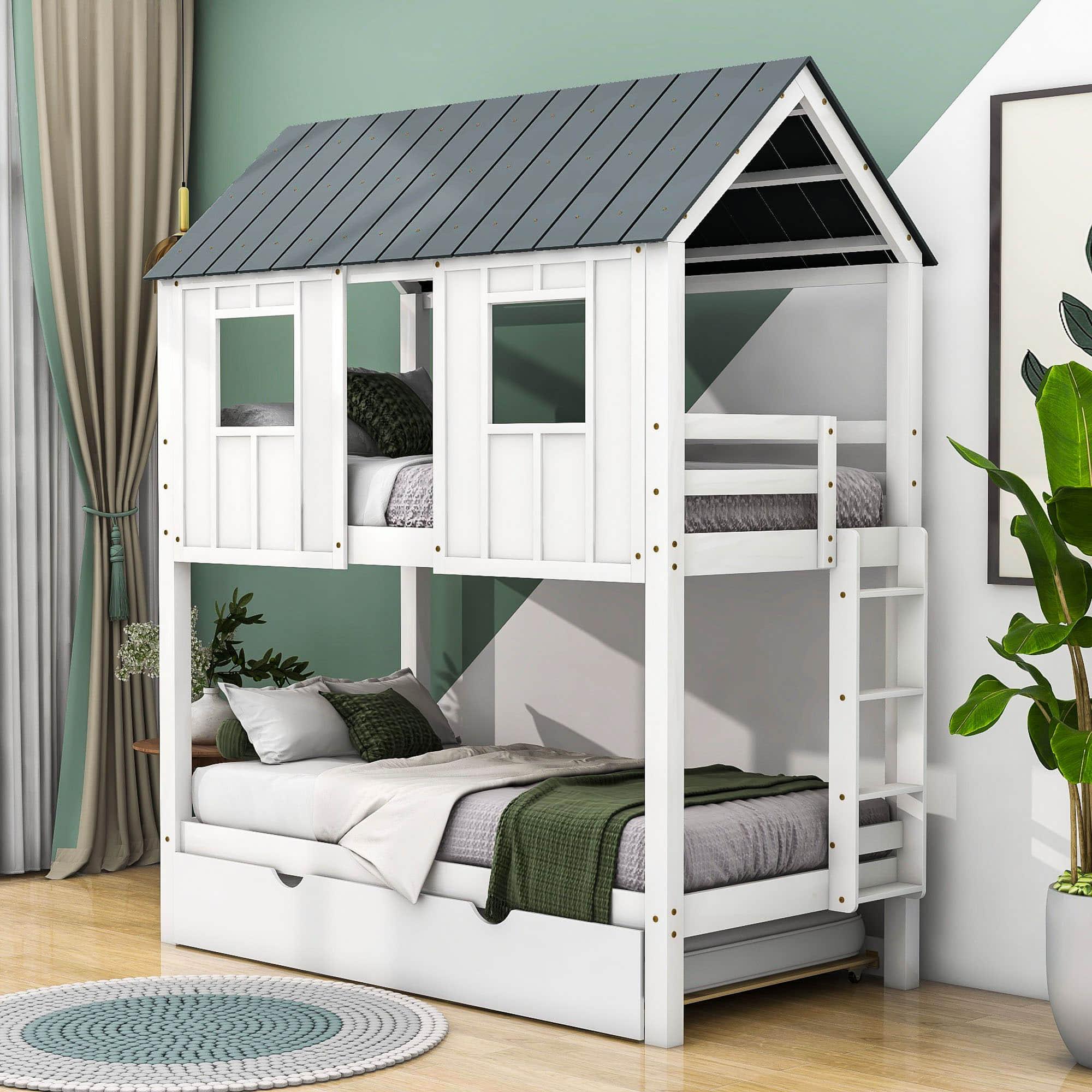 Modern Twin Over Twin House Bunk Beds with Trundle for Kids - [Wooden]