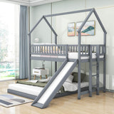 Modern Low Twin Over Full House Bunk Beds with Slide for Kids - [Wooden, Floor, L-Shaped]