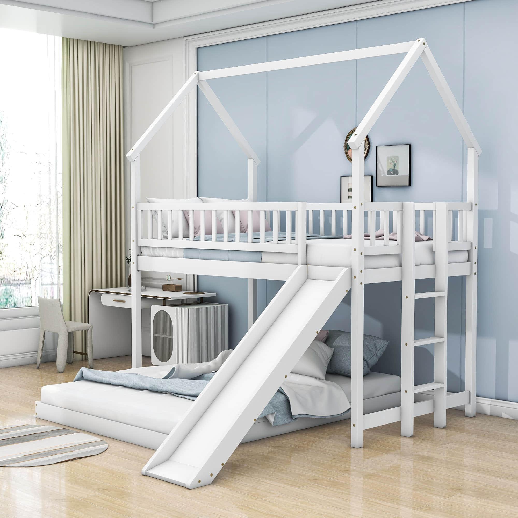 Modern Low Twin Over Full House Bunk Beds with Slide for Kids - [Wooden, Floor, L-Shaped]