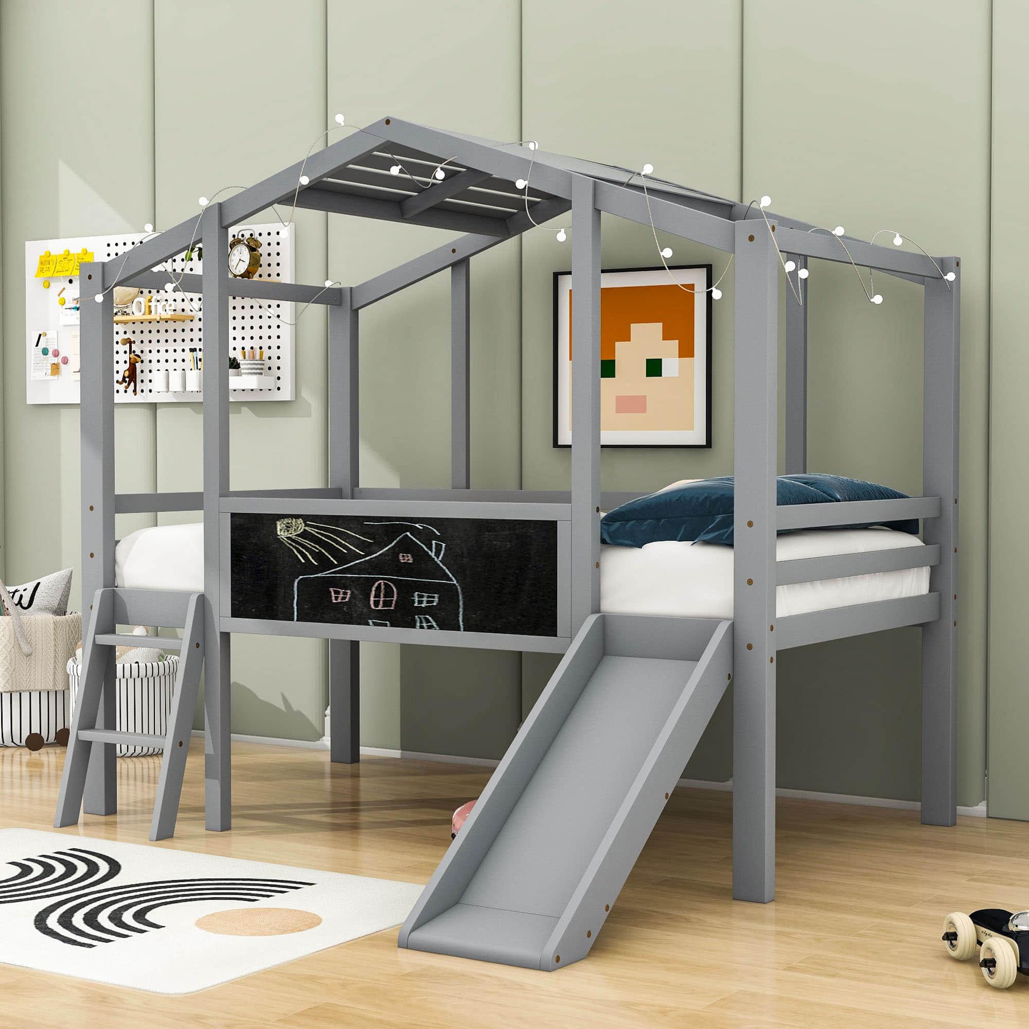 Twin House Low Loft Bed with Slide and Blackboard for Kids, Toddler - [Wood]