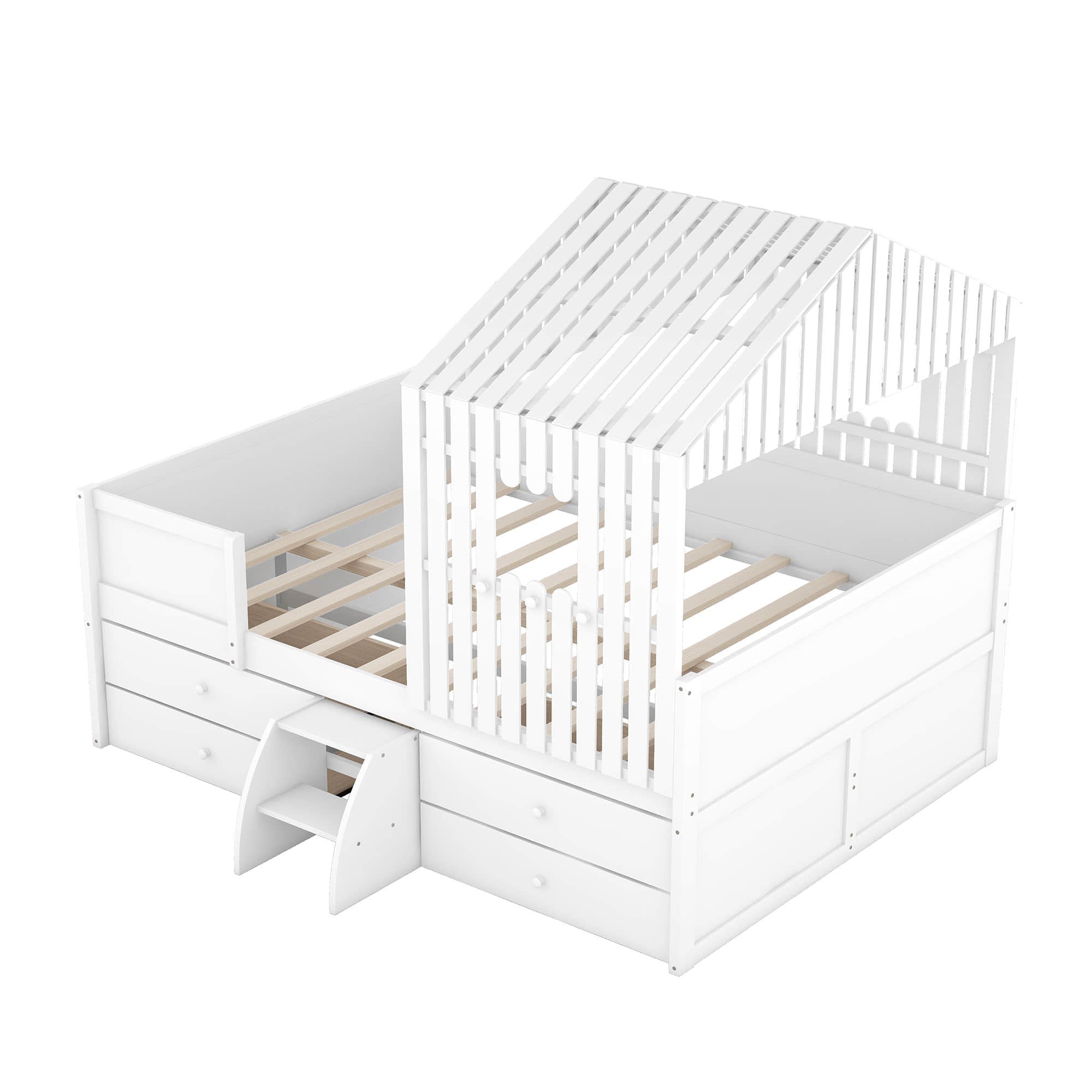 Full Size Low House Toddler Loft Bed with Stairs and Storage - [2 Steps]