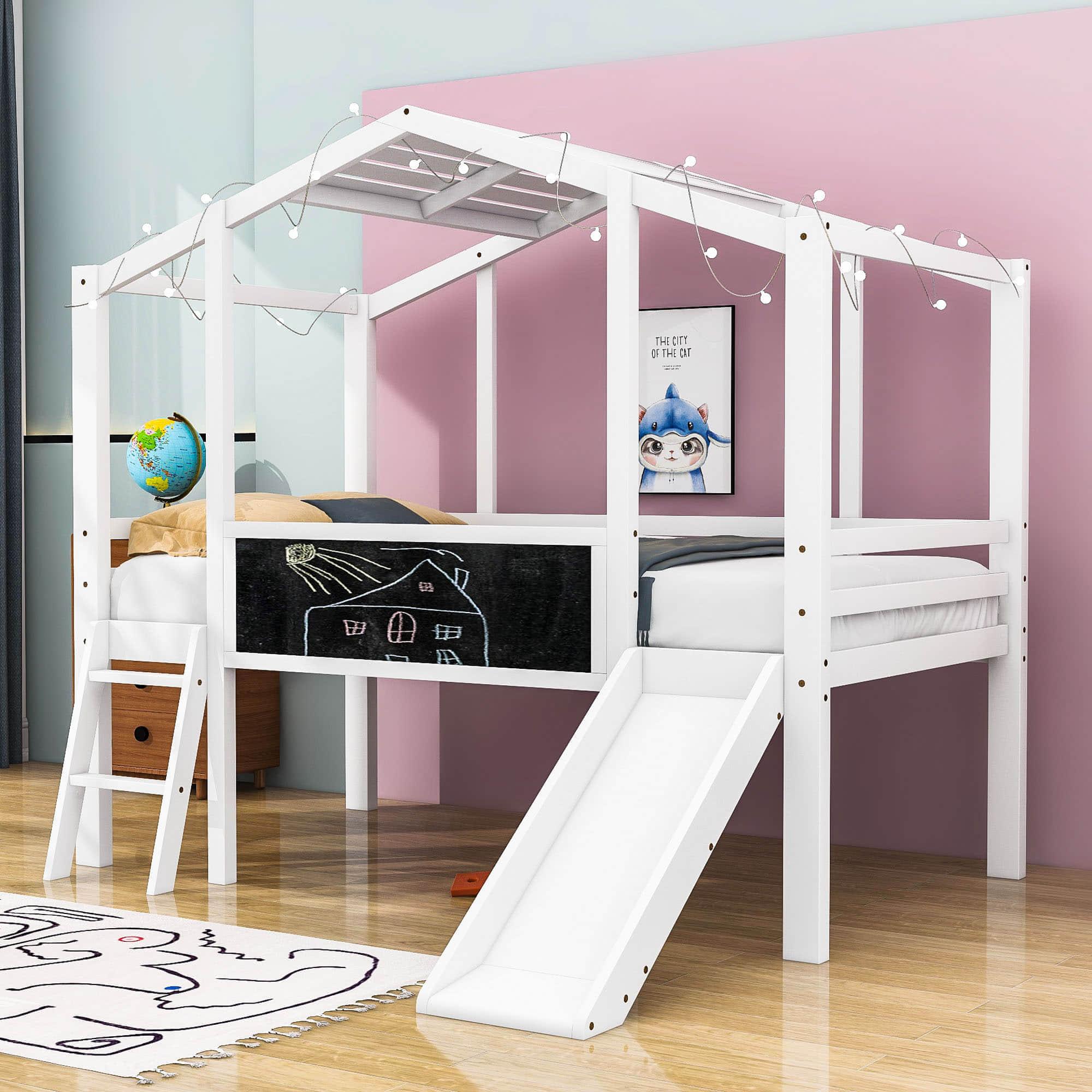 Twin House Low Loft Bed with Slide and Blackboard for Kids, Toddler - [Wood]