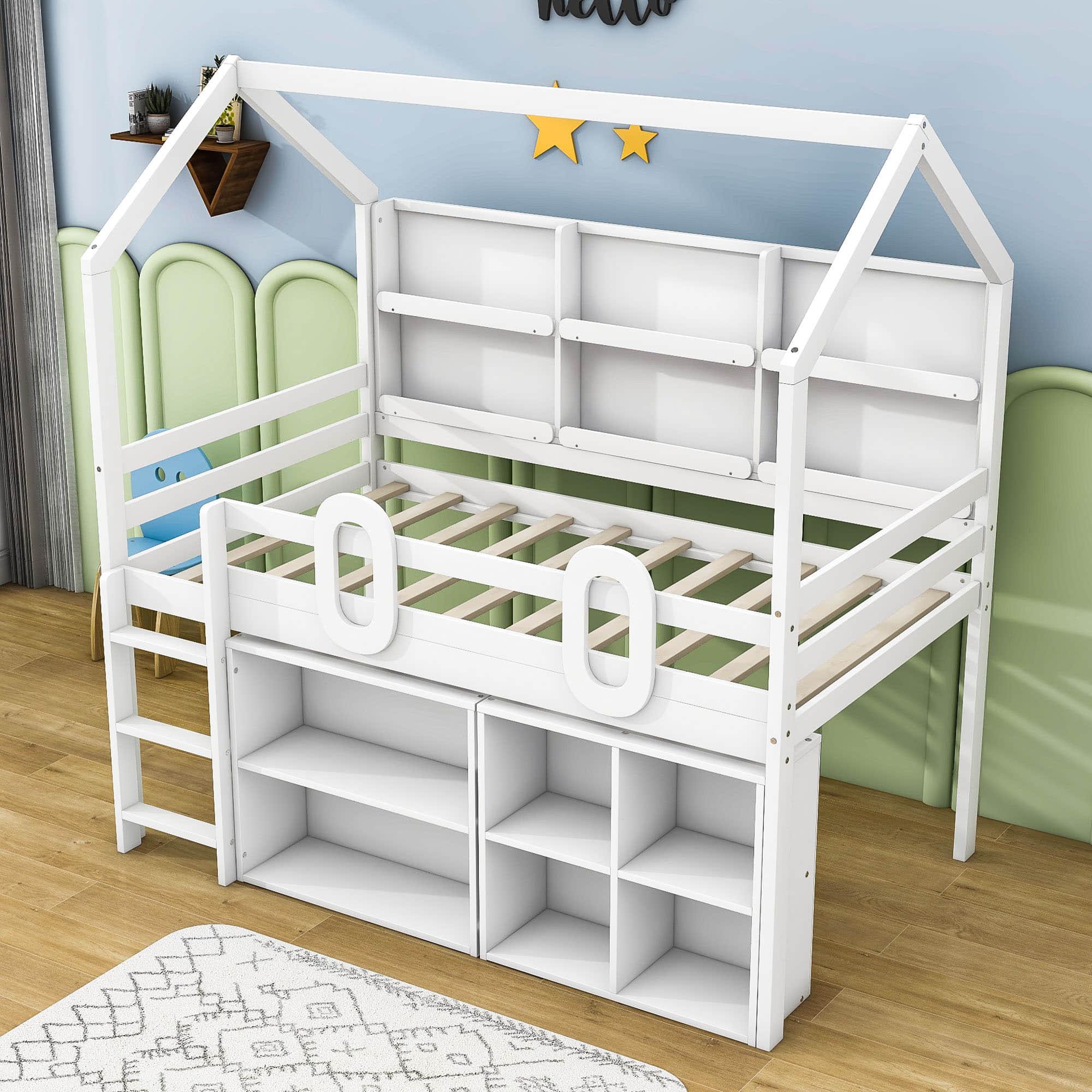 Low Kids Twin Loft House Bed with Storage Shelves - [Wooden]