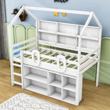 Low Kids Twin Loft House Bed with Storage Shelves - [Wooden]