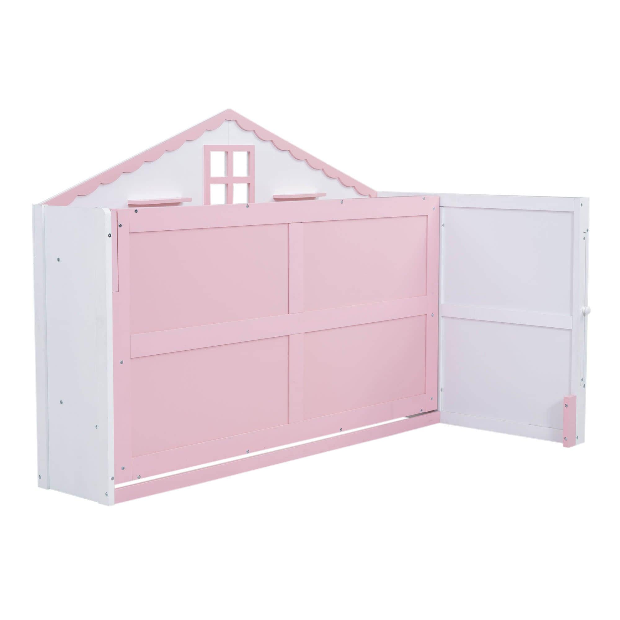 Best Kids Horizontal Twin House Murphy Bed Cabinet with Shelves - Pink