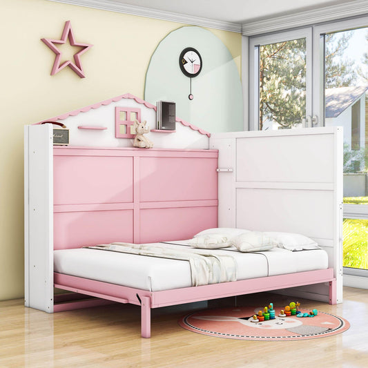 Best Kids Full Size Horizontal House Murphy Bed Cabinet with Shelves - Pink