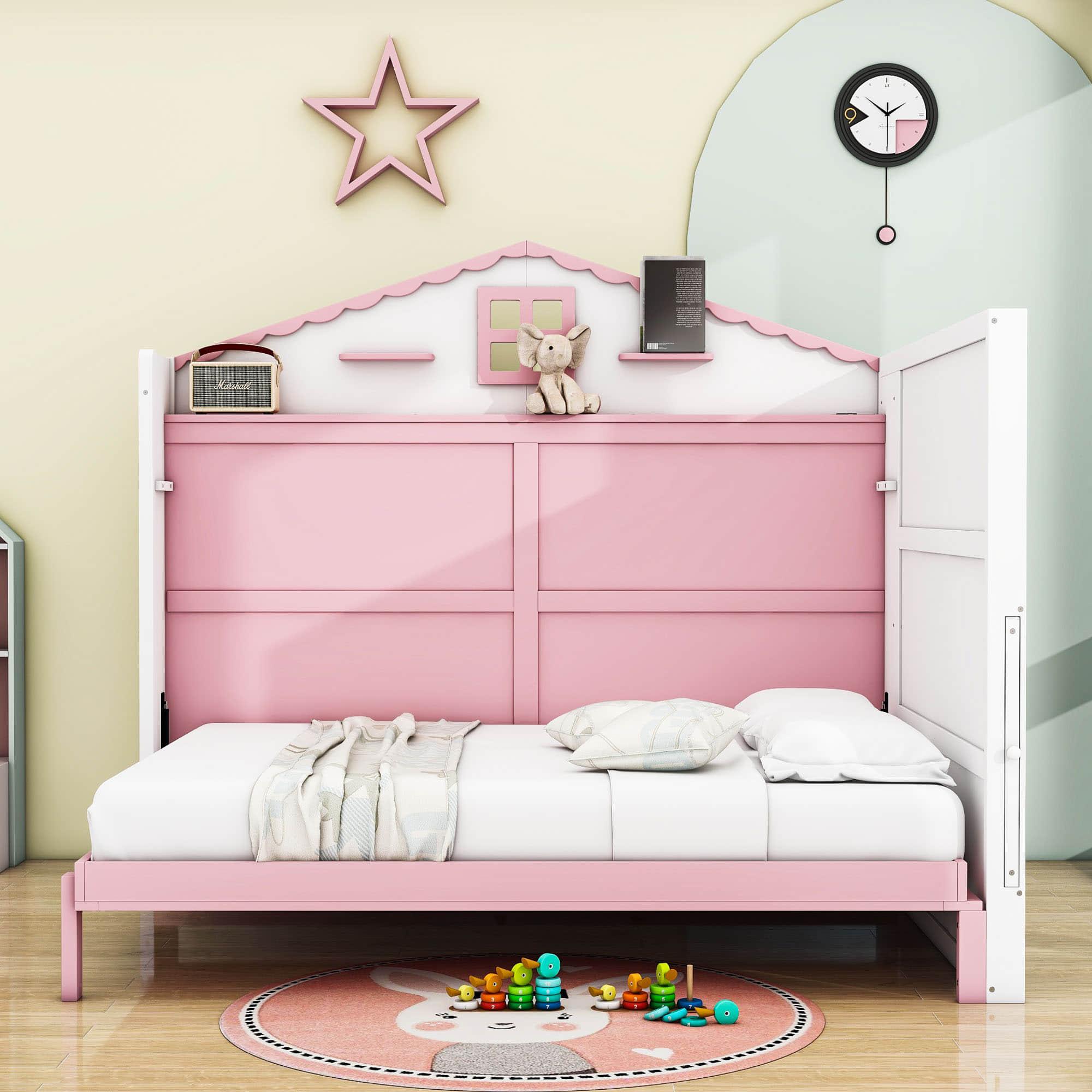 Best Kids Full Size Horizontal House Murphy Bed Cabinet with Shelves - Pink