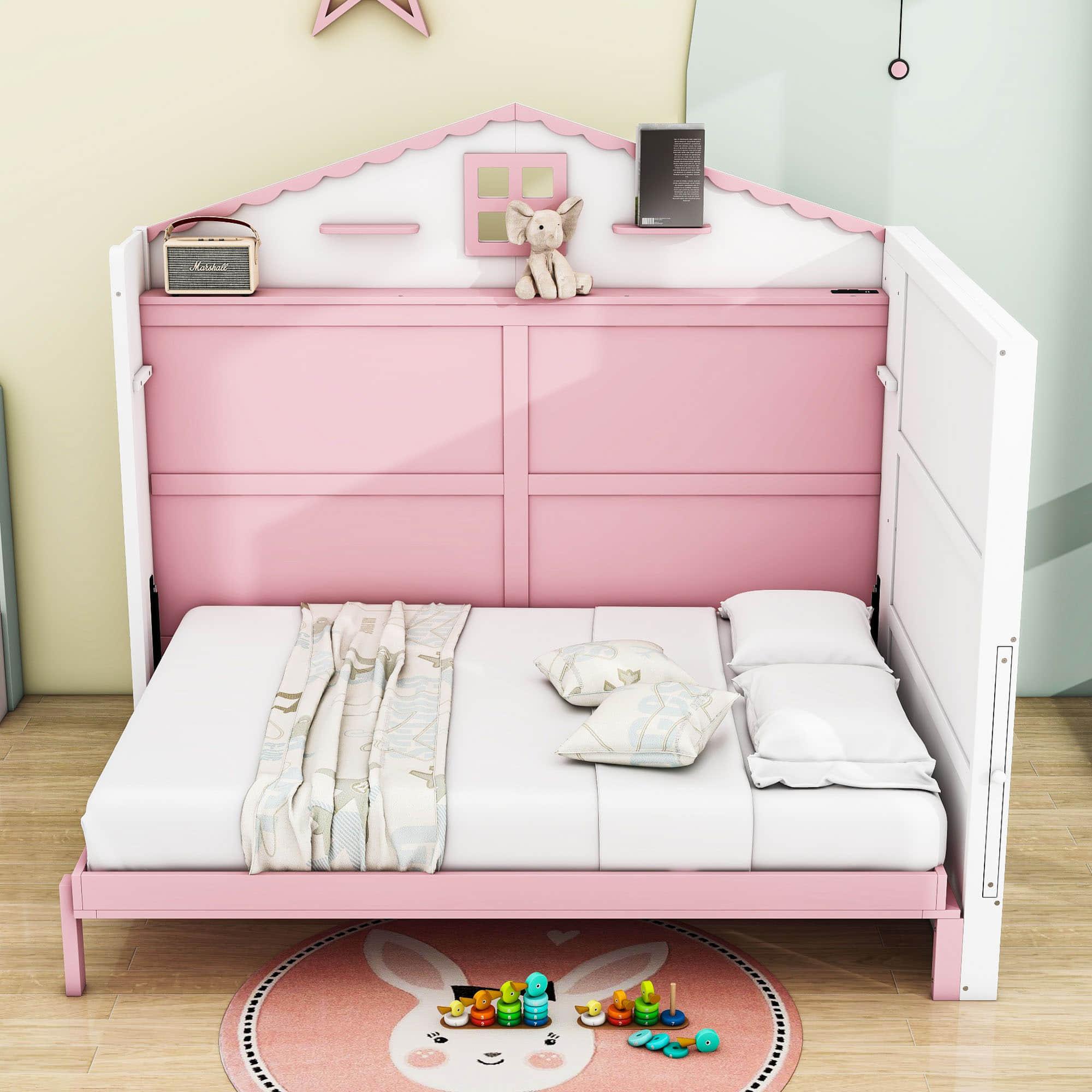 Best Kids Full Size Horizontal House Murphy Bed Cabinet with Shelves - Pink