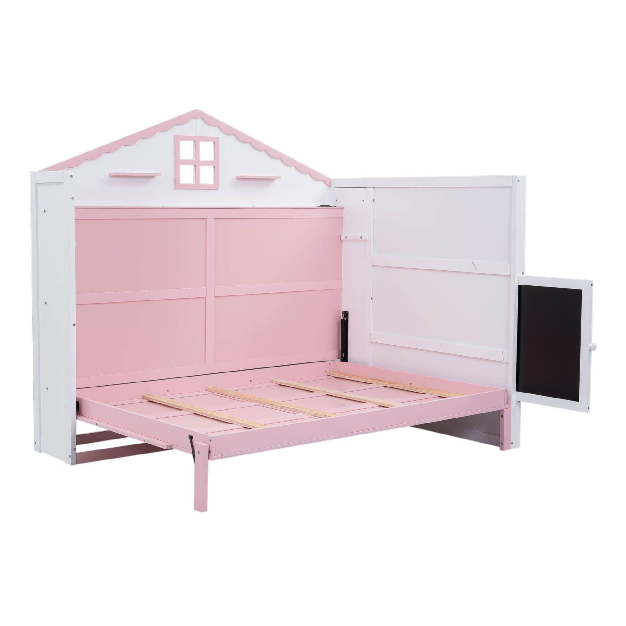 Best Kids Full Size Horizontal House Murphy Bed Cabinet with Shelves - Pink