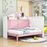 Best Kids Horizontal Twin House Murphy Bed Cabinet with Shelves - Pink