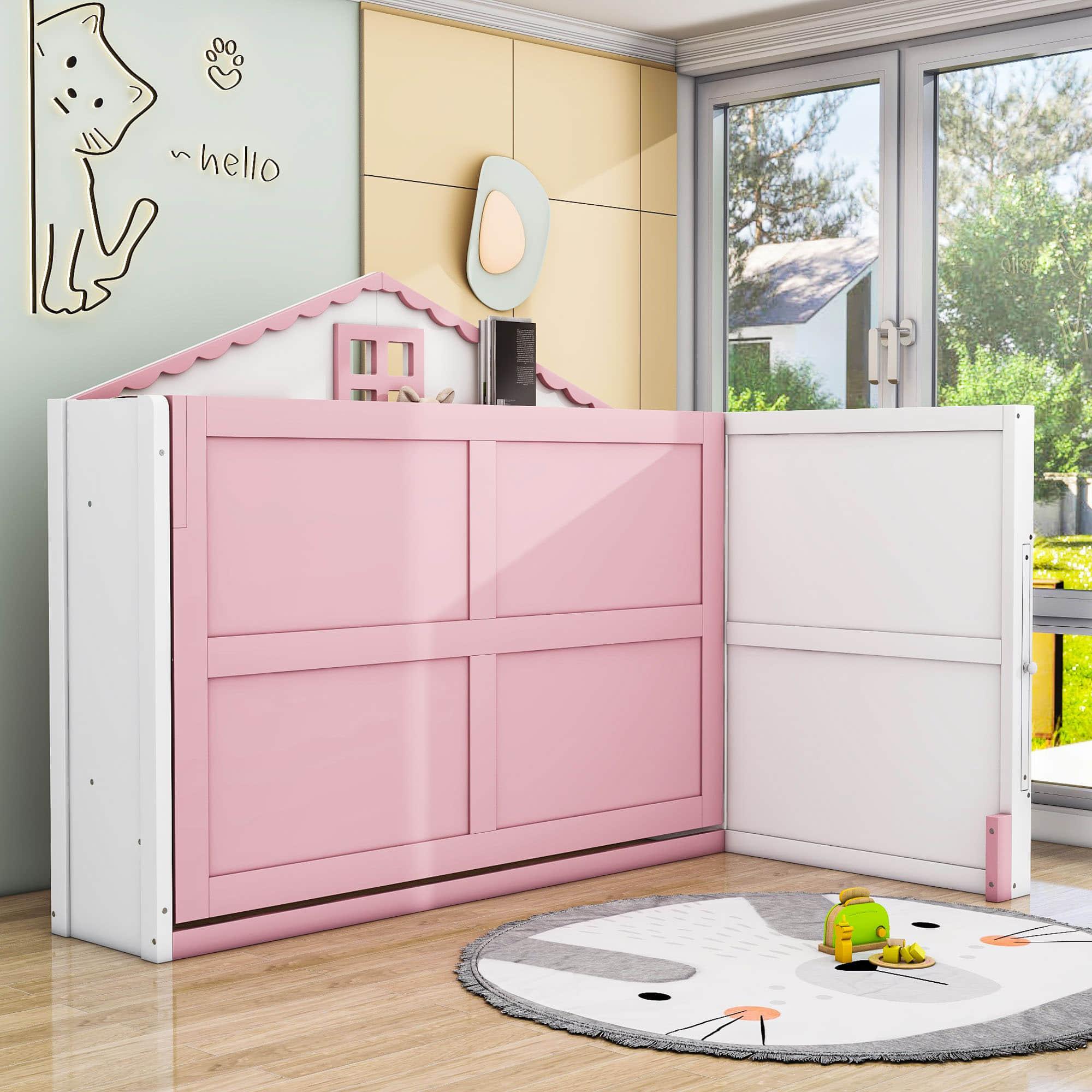 Best Kids Horizontal Twin House Murphy Bed Cabinet with Shelves - Pink